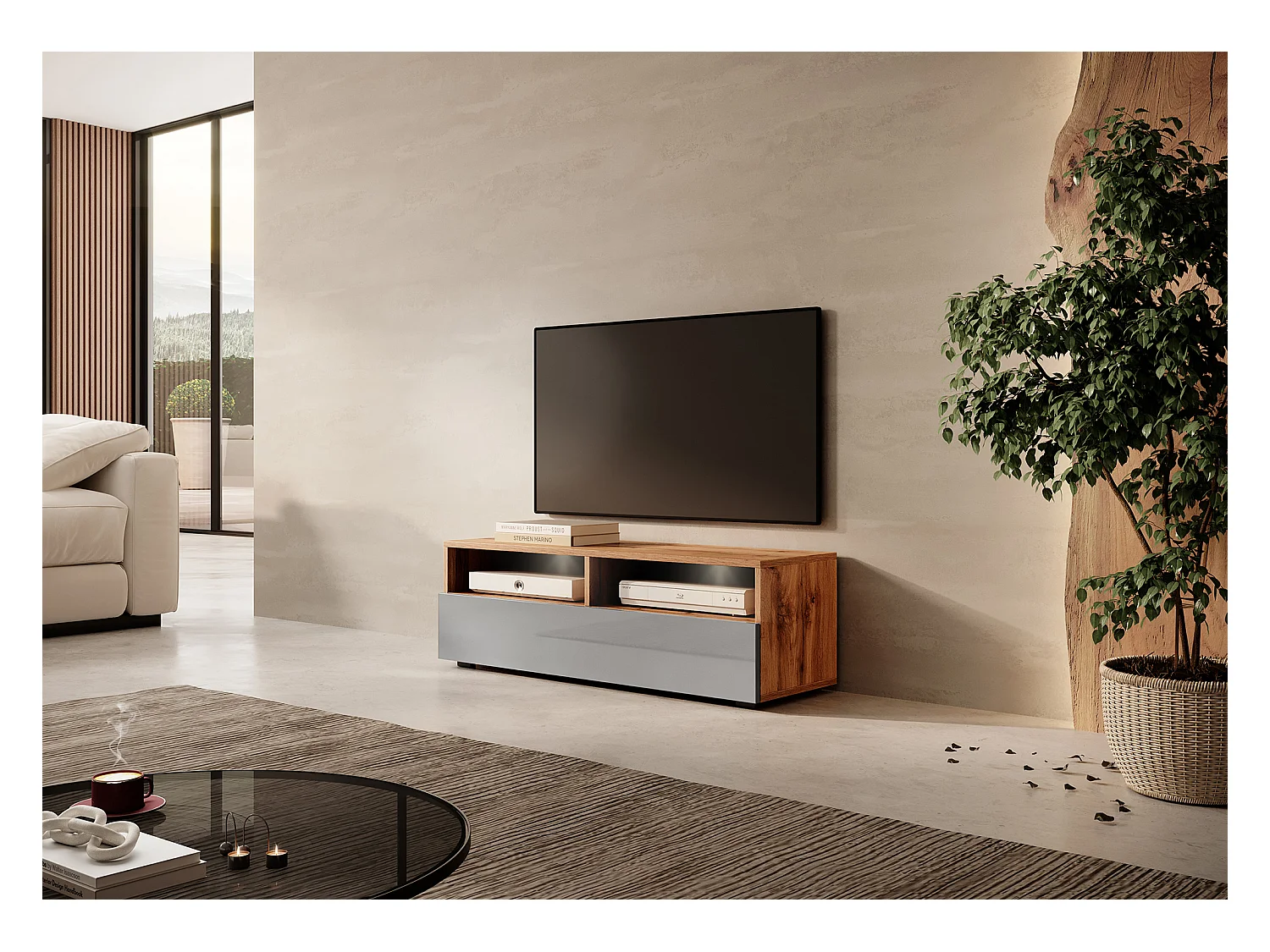 Meuble TV - 100 cm - chêne wotan / gris brillant - avec LED - REDNAW