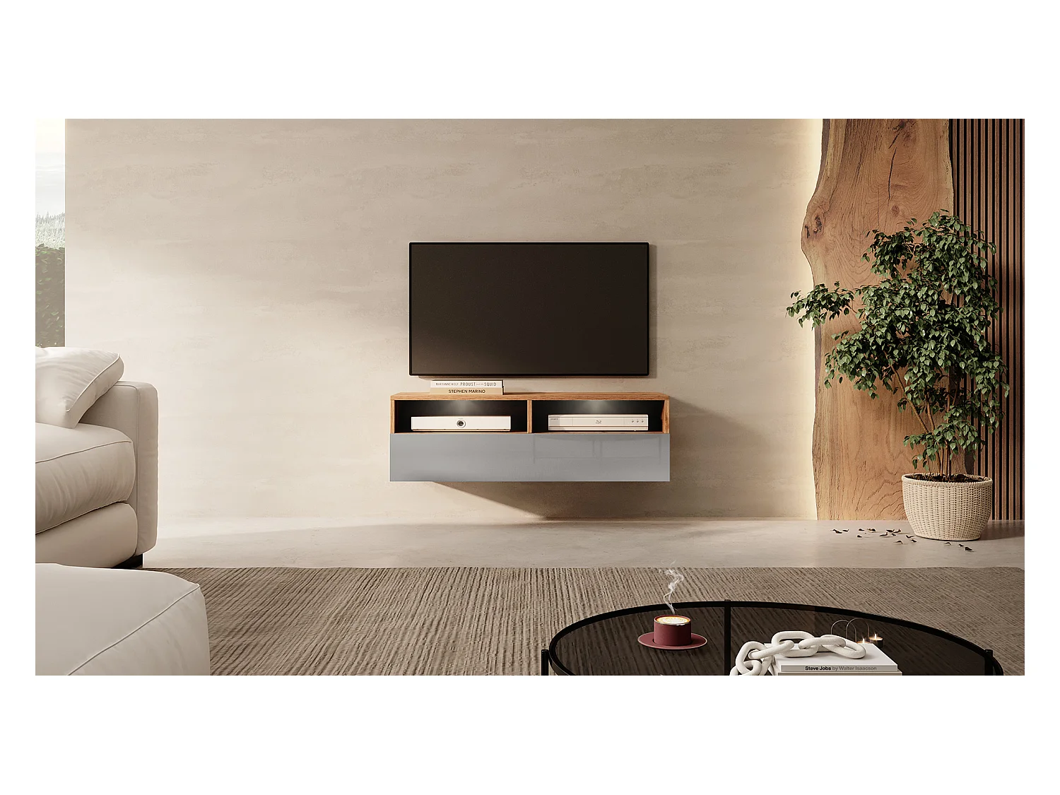 Meuble TV - 100 cm - chêne wotan / gris brillant - avec LED - REDNAW