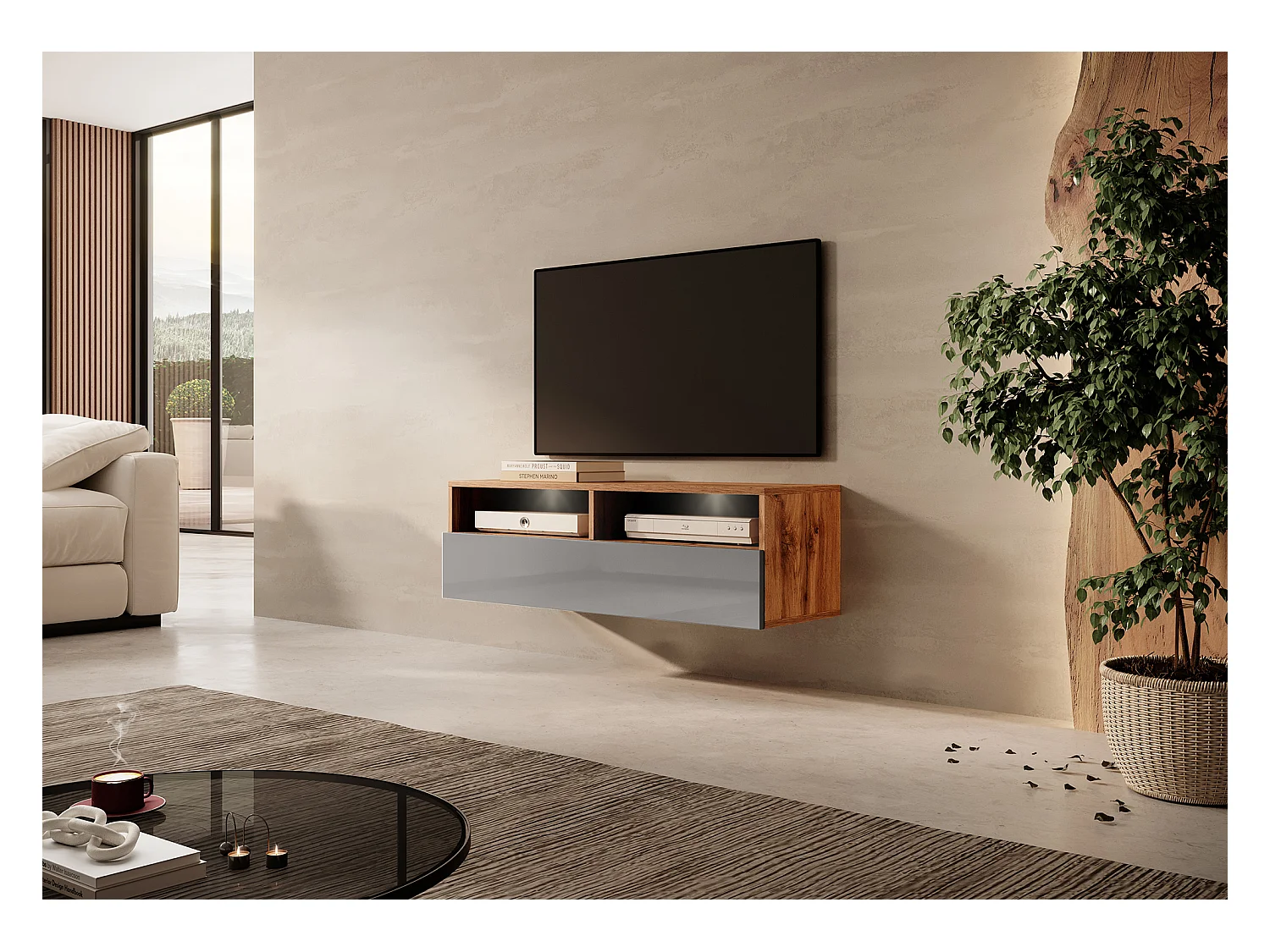 Meuble TV - 100 cm - chêne wotan / gris brillant - avec LED - REDNAW