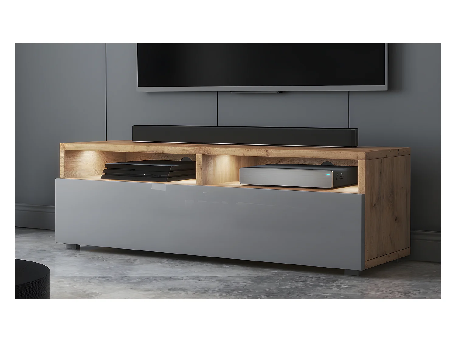 Meuble TV - 100 cm - chêne wotan / gris brillant - avec LED - REDNAW