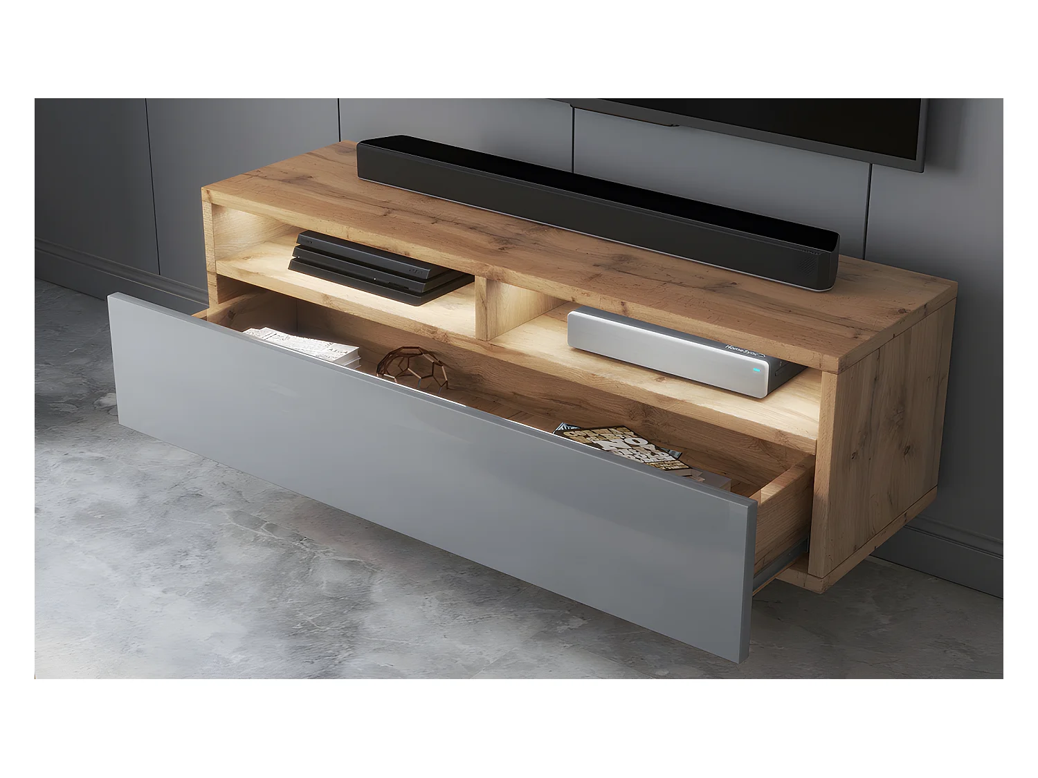 Meuble TV - 100 cm - chêne wotan / gris brillant - avec LED - REDNAW