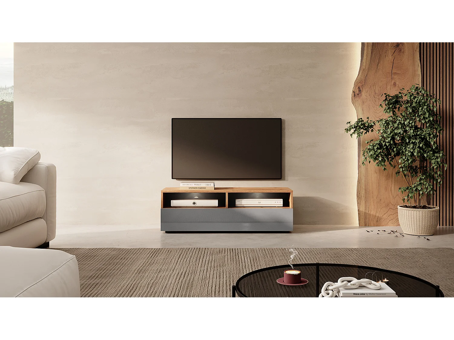 Meuble TV - 100 cm - chêne wotan / gris brillant - avec LED - REDNAW