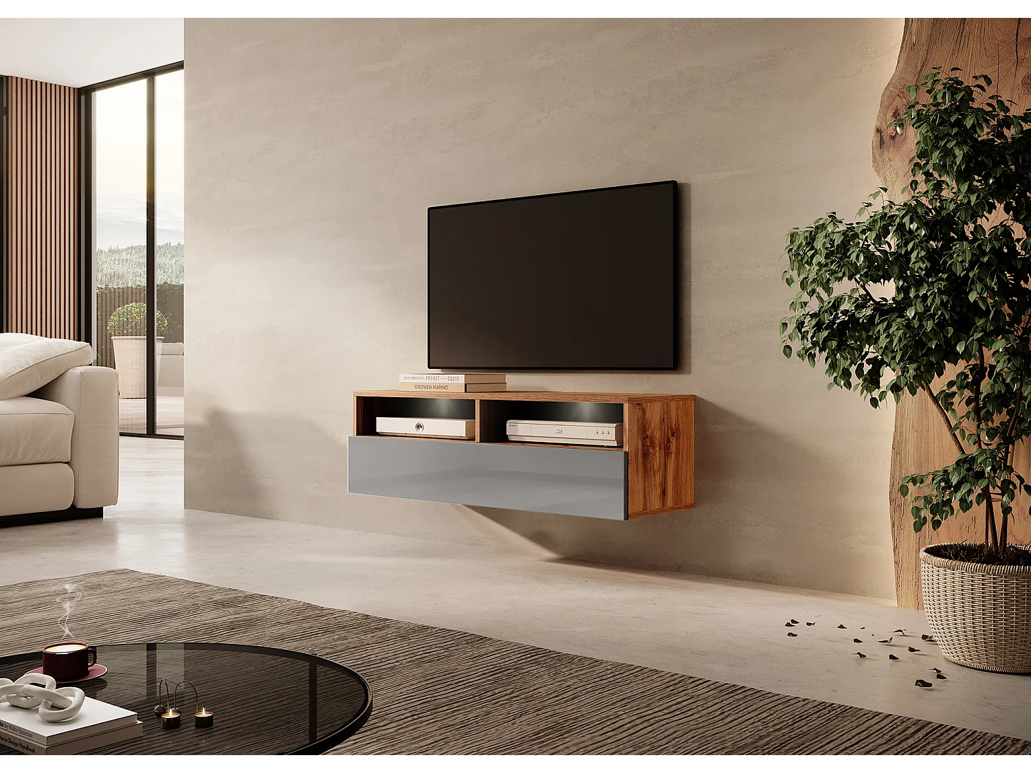 Meuble TV - 100 cm - chêne wotan / gris brillant - avec LED - REDNAW