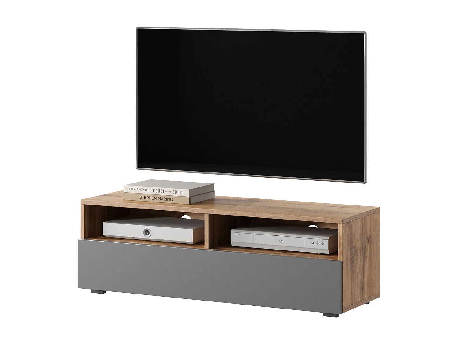 Meuble TV - 100 cm - chêne wotan / gris brillant - avec LED - REDNAW