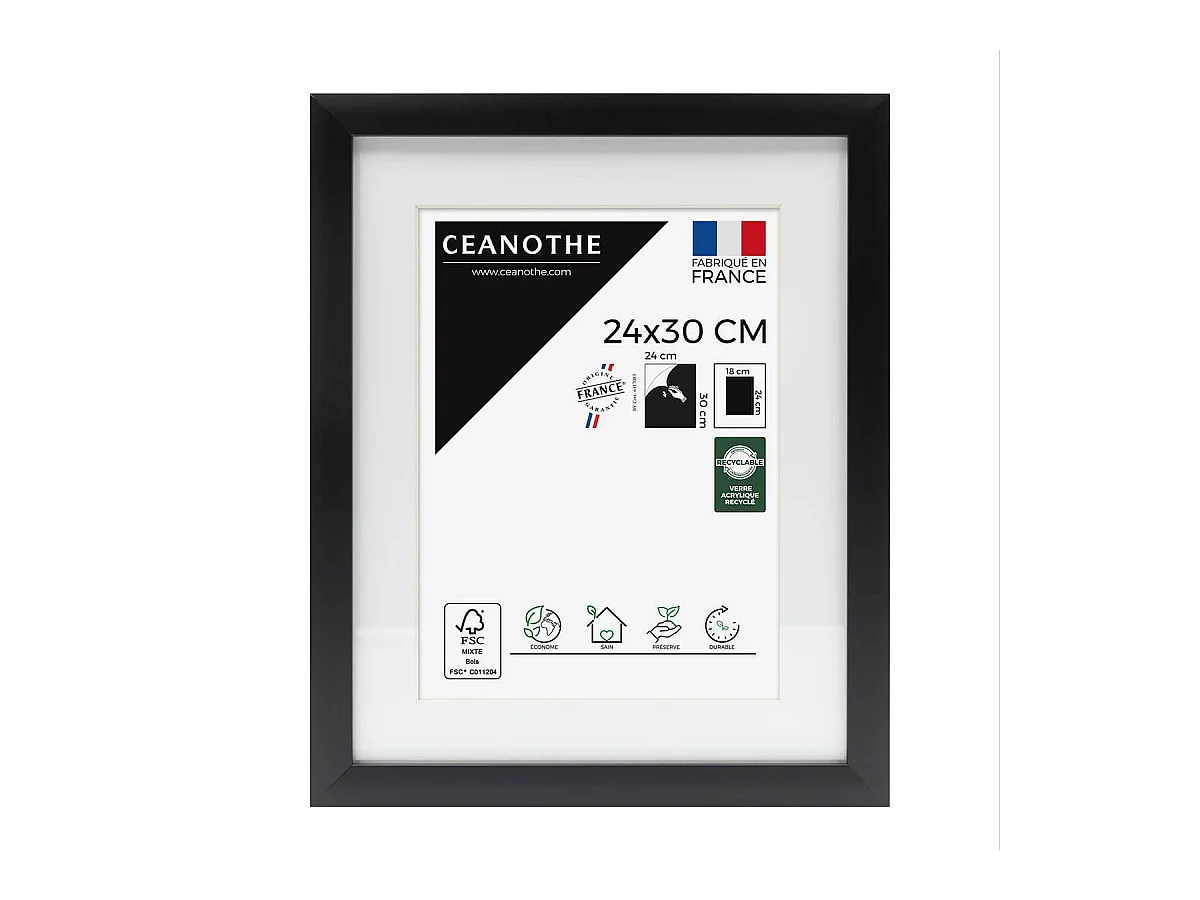 Cadre photo 24x30 cm Milan noir  avec passe-partout 18x24 cm