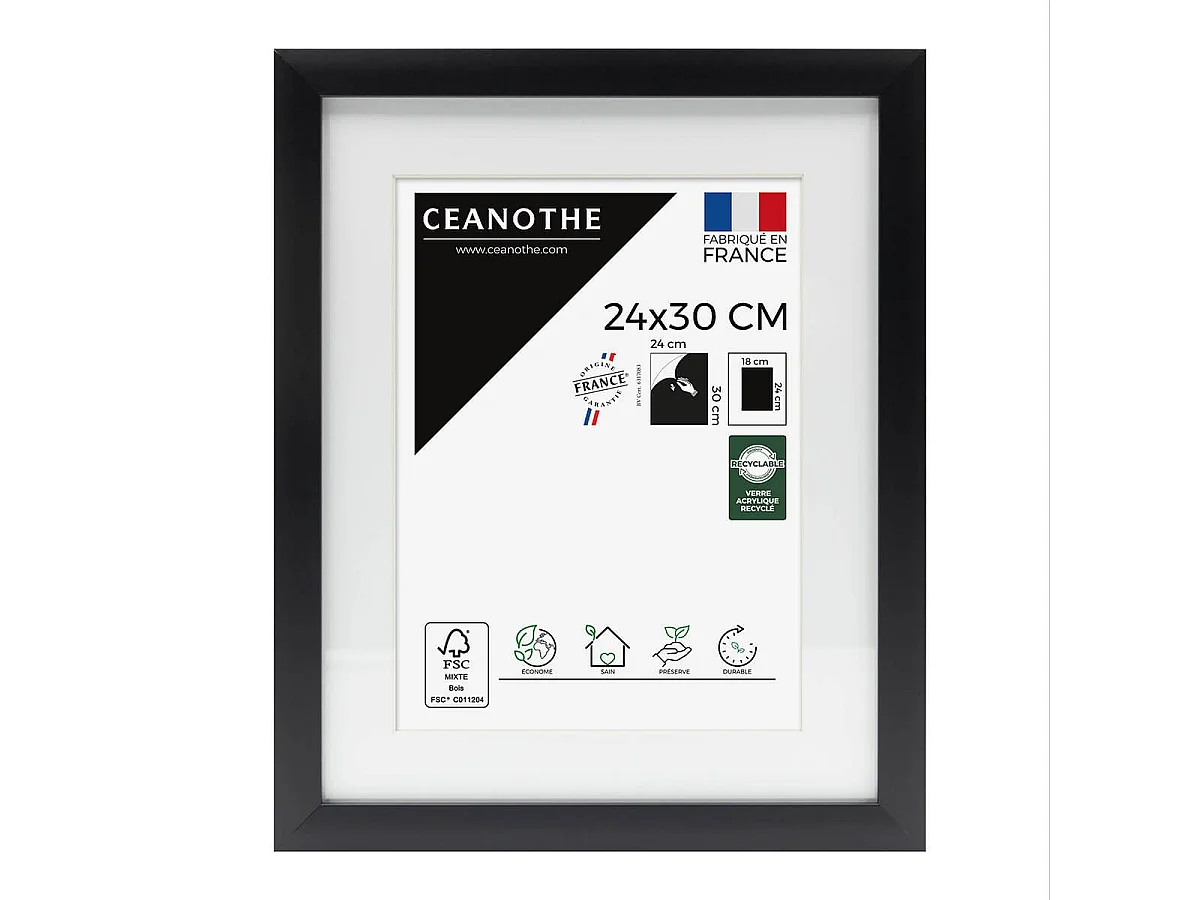 Cadre photo 24x30 cm Milan noir  avec passe-partout 18x24 cm