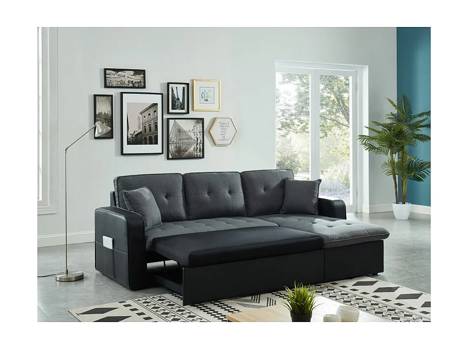 Canapé CANVAS tissu gris PU noir avec coffre convertible 4 places