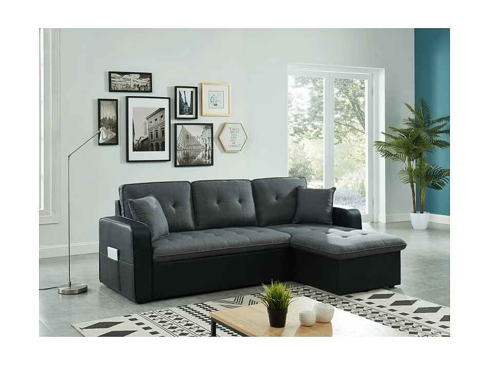 Canapé CANVAS tissu gris PU noir avec coffre convertible 4 places