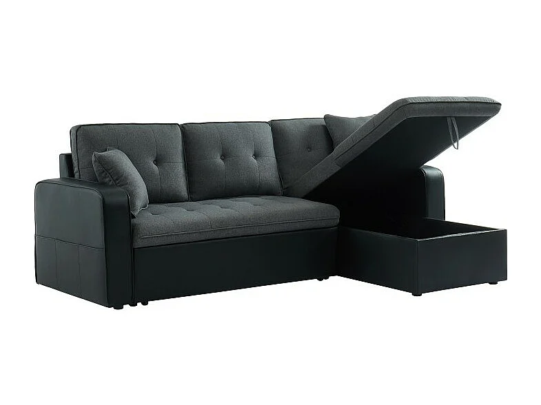 Canapé CANVAS tissu gris PU noir avec coffre convertible 4 places