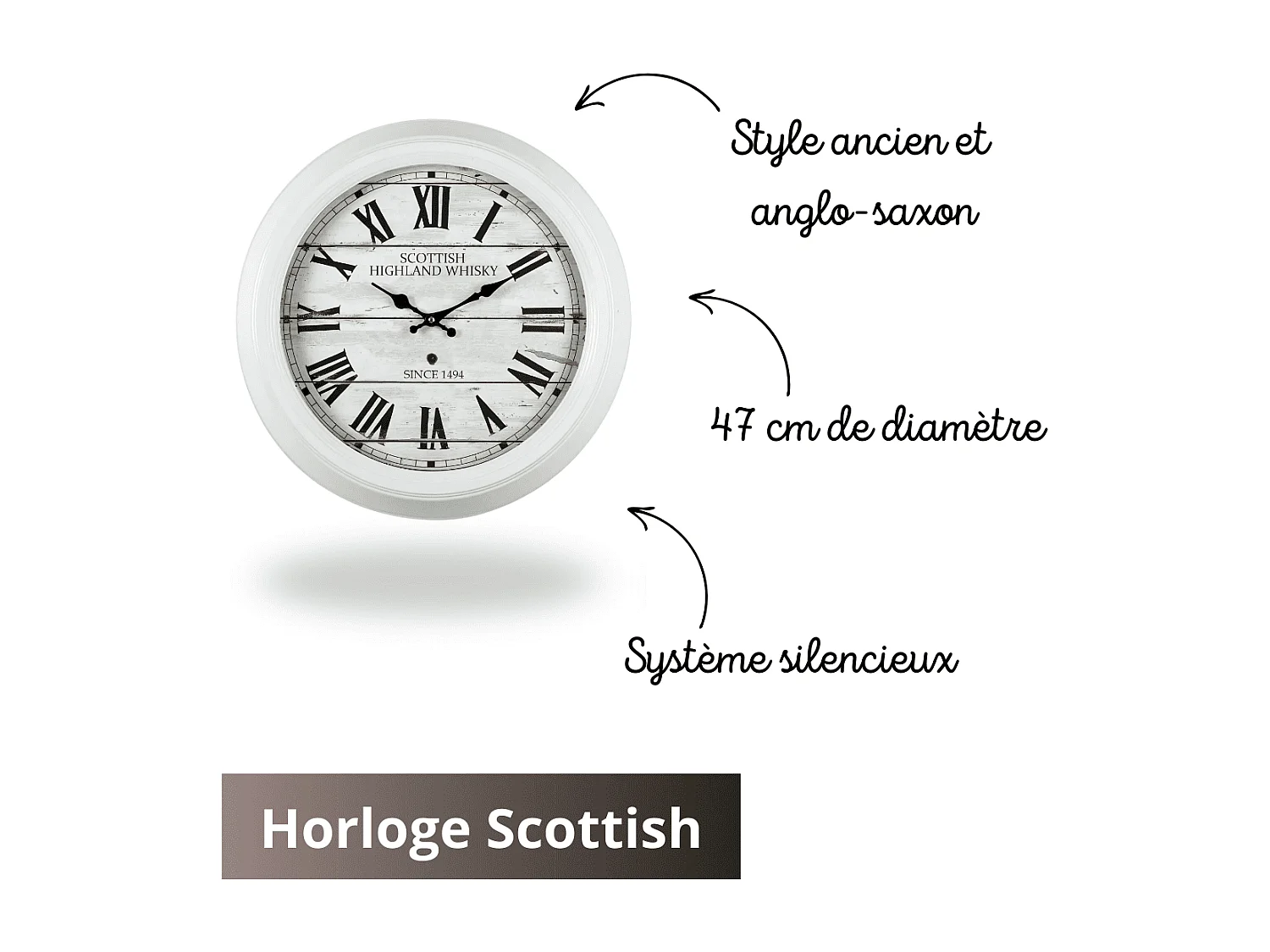 Horloge Scottish blanc 47 cm