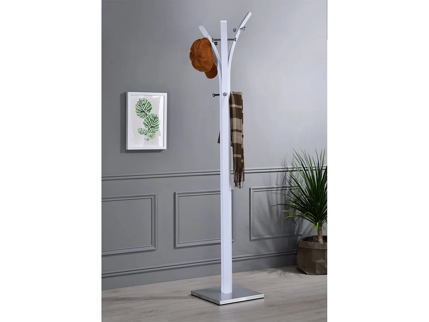 Porte-manteaux DENIS portant à vêtements sur pied avec 8 crochets, métal laqué blanc