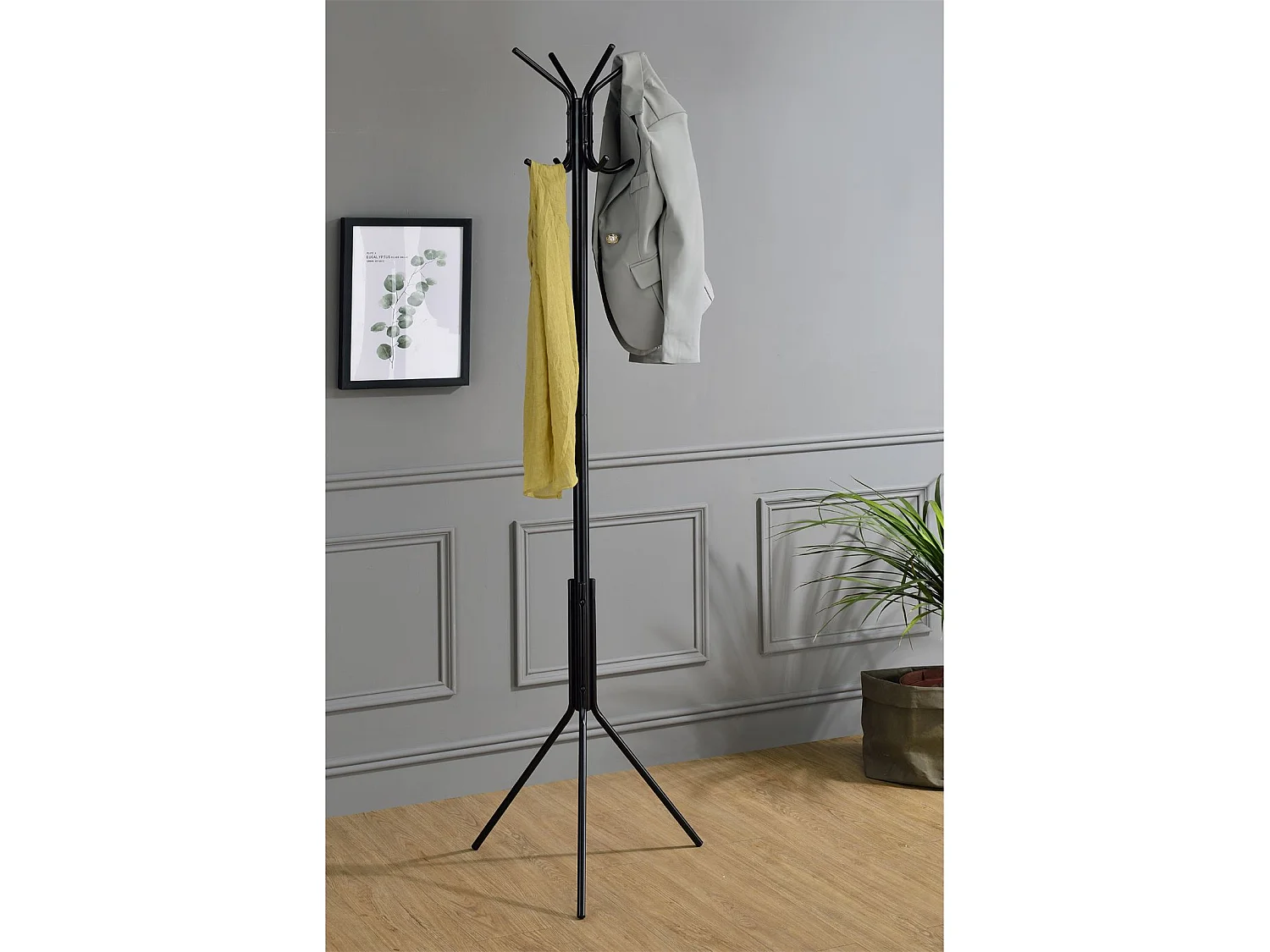 Porte-manteaux ARIST portant pour vêtements sur pied hauteur 174 cm avec 8 crochets, meuble d'entrée en métal laqué noir