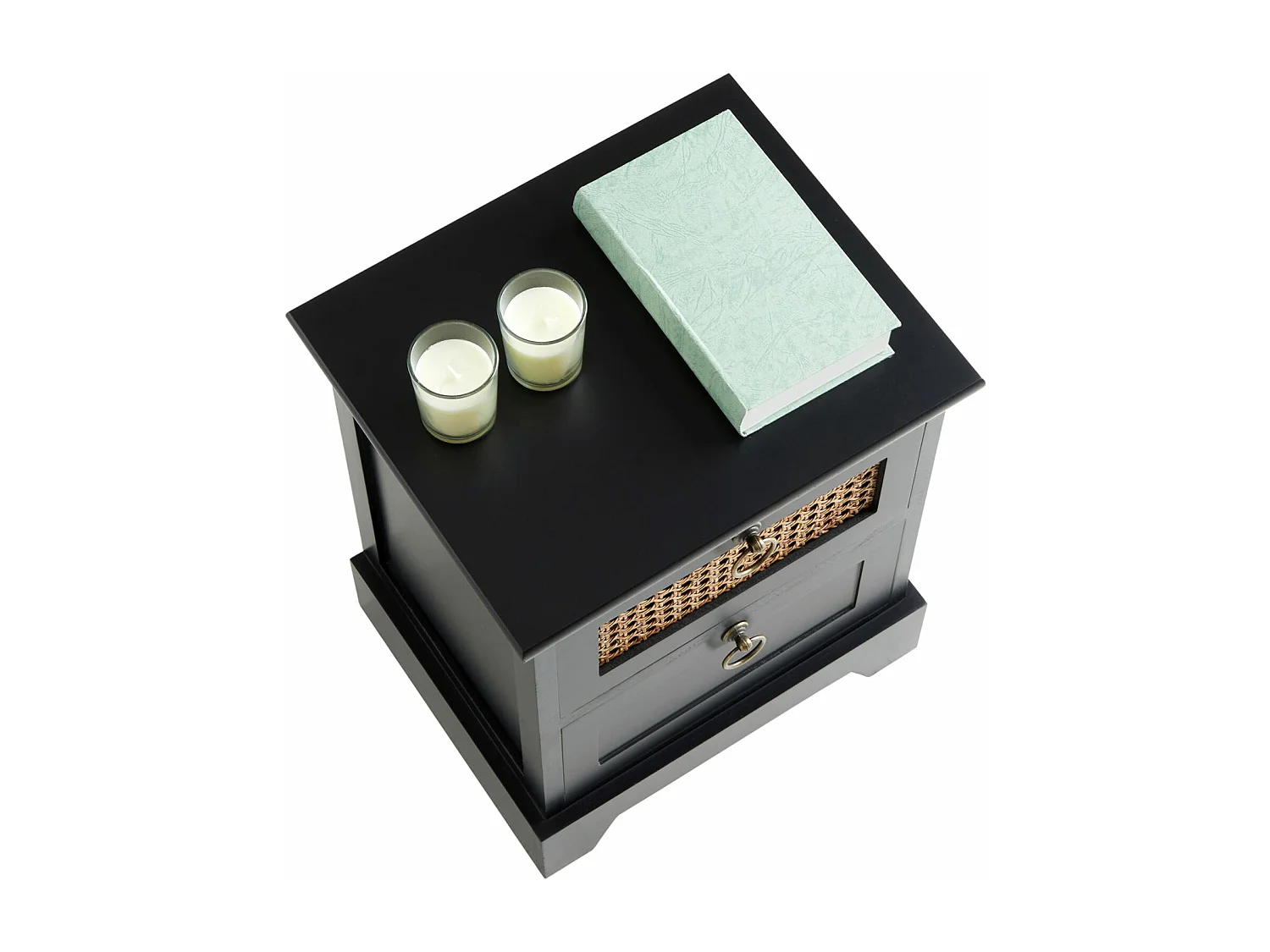 Table de chevet PADMA 2 tiroirs, table de nuit design vintage en bois lasuré noir et cannage en rotin