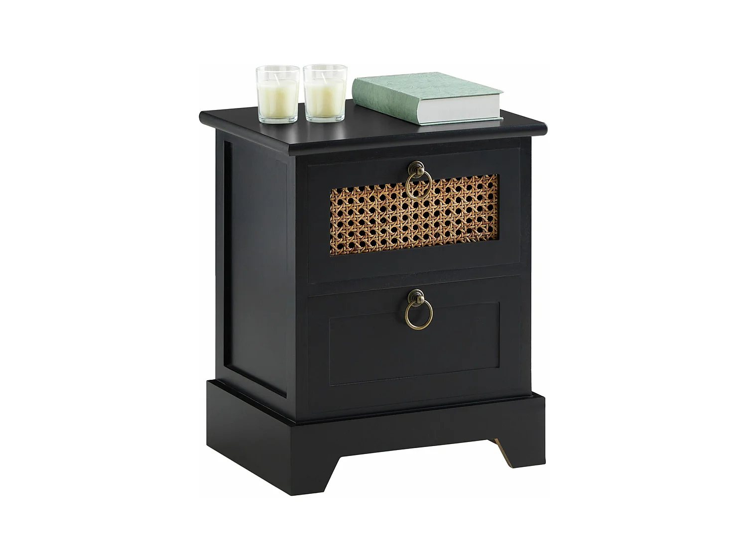 Table de chevet PADMA 2 tiroirs, table de nuit design vintage en bois lasuré noir et cannage en rotin