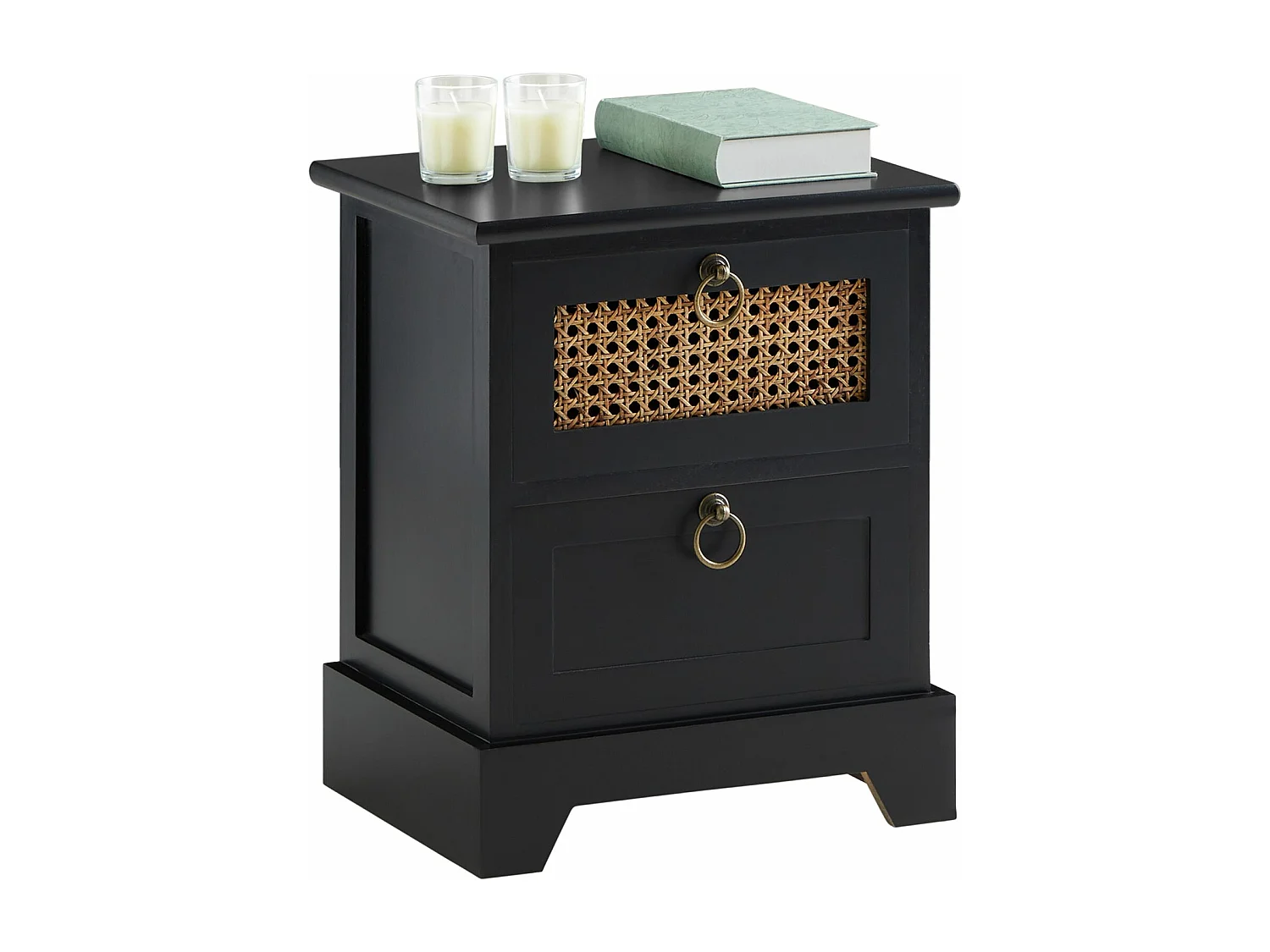 Table de chevet PADMA 2 tiroirs, table de nuit design vintage en bois lasuré noir et cannage en rotin