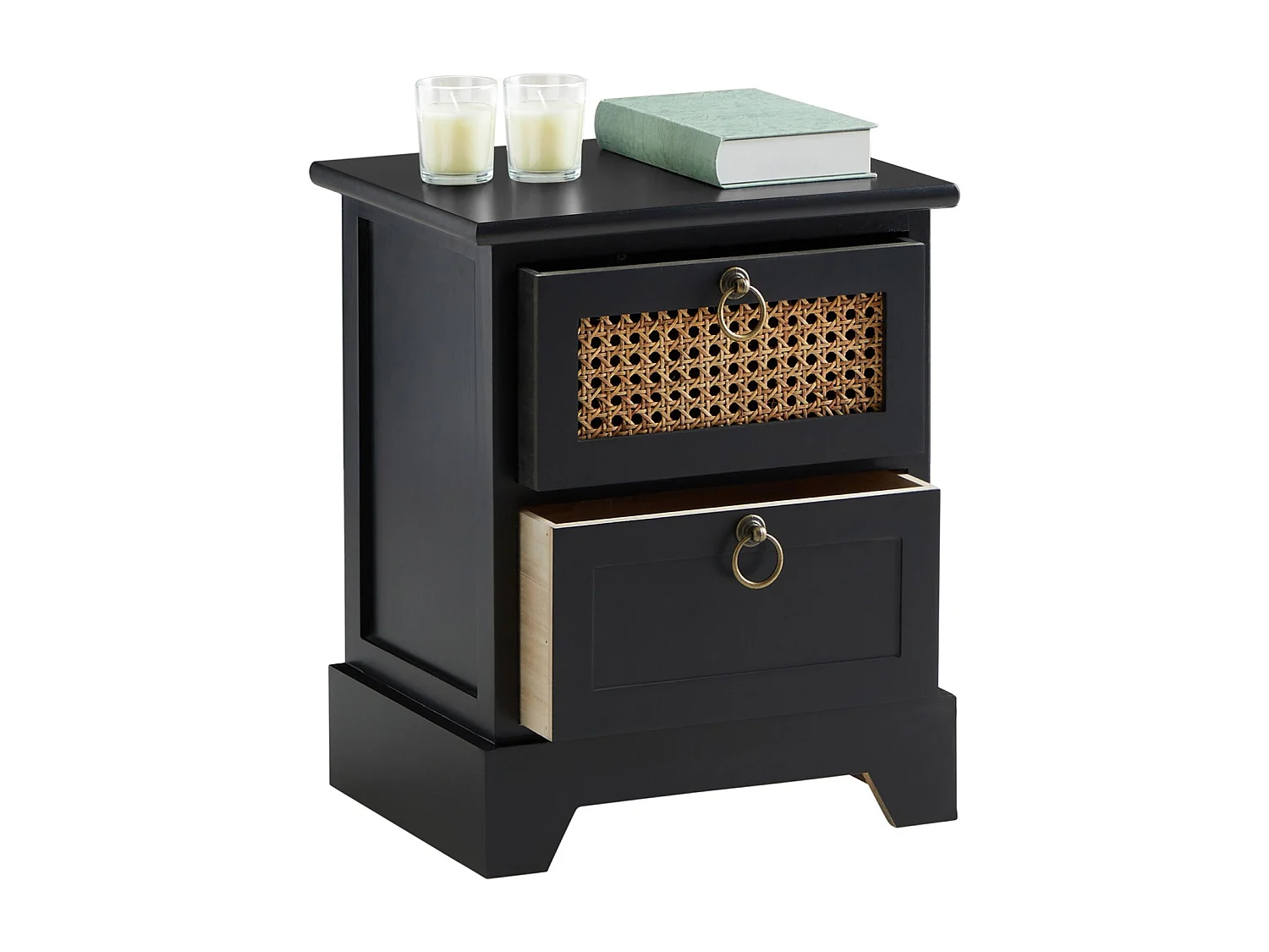 Table de chevet PADMA 2 tiroirs, table de nuit design vintage en bois lasuré noir et cannage en rotin
