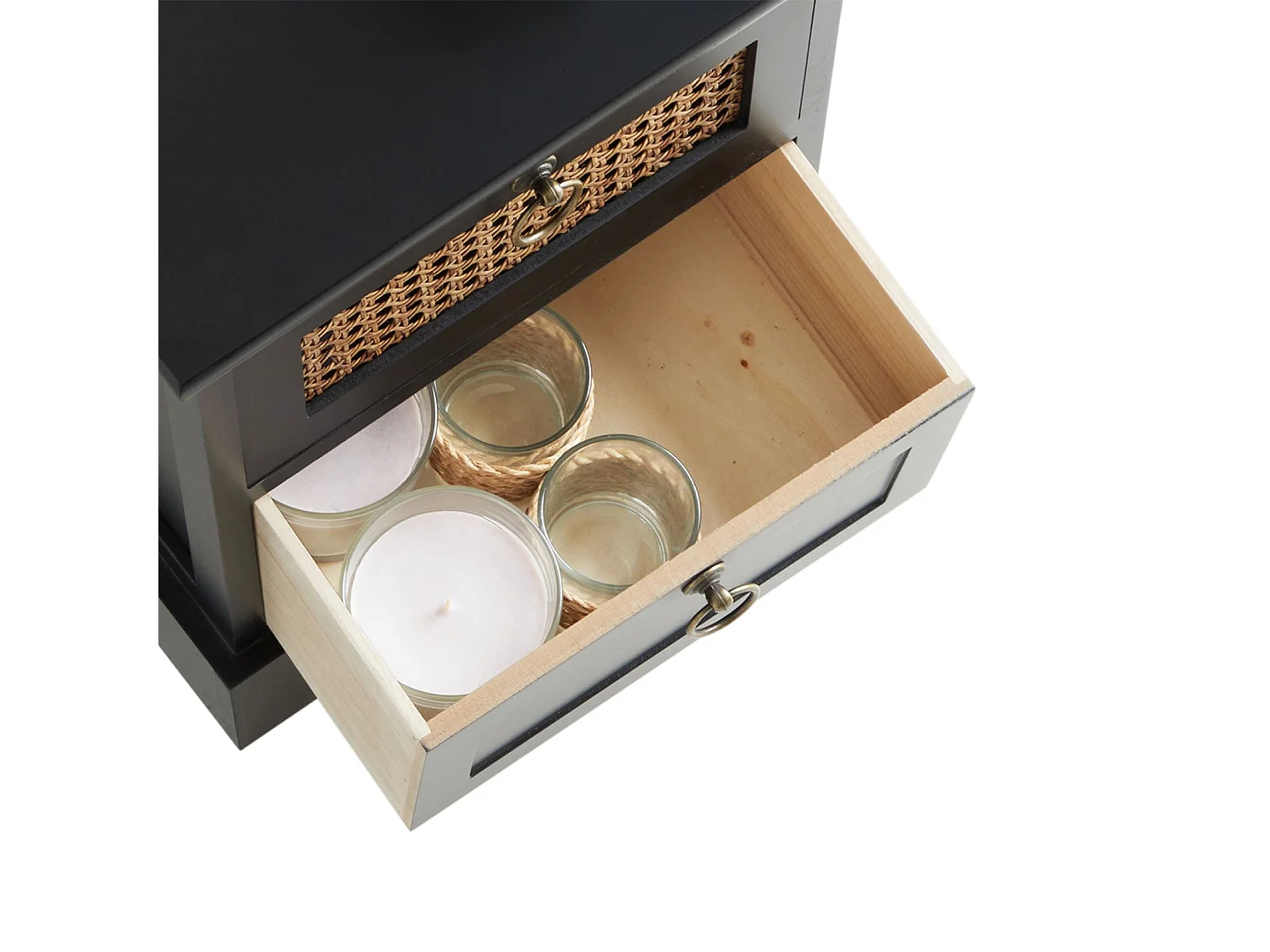 Table de chevet PADMA 2 tiroirs, table de nuit design vintage en bois lasuré noir et cannage en rotin