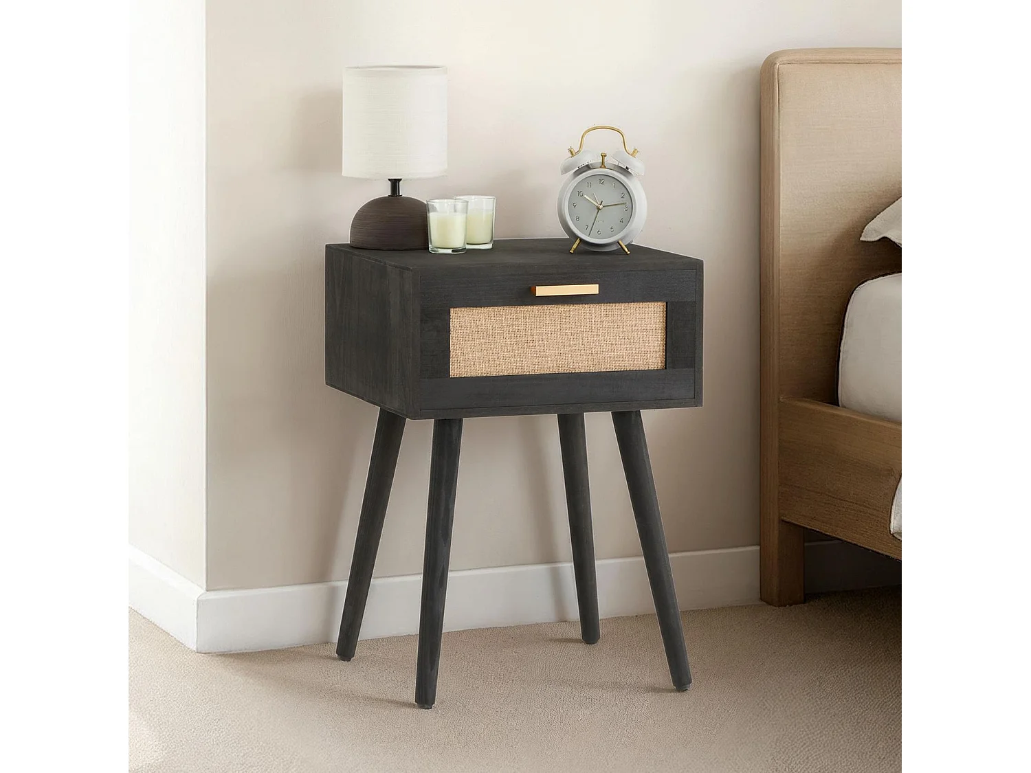 Table de chevet KIRAN 1 tiroir, table de nuit design vintage en bois lasuré noir et lin