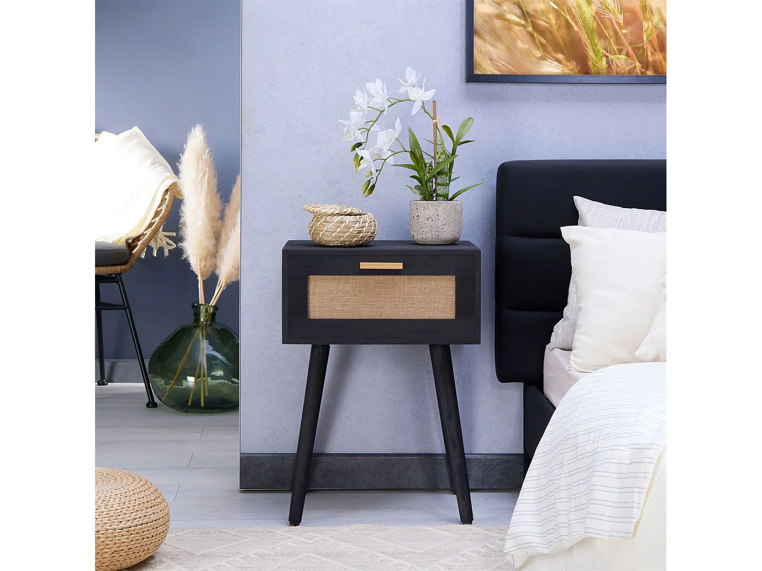 Table de chevet KIRAN 1 tiroir, table de nuit design vintage en bois lasuré noir et lin