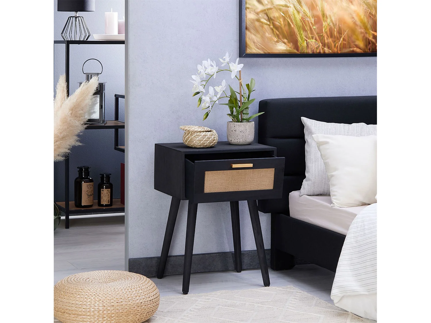 Table de chevet KIRAN 1 tiroir, table de nuit design vintage en bois lasuré noir et lin