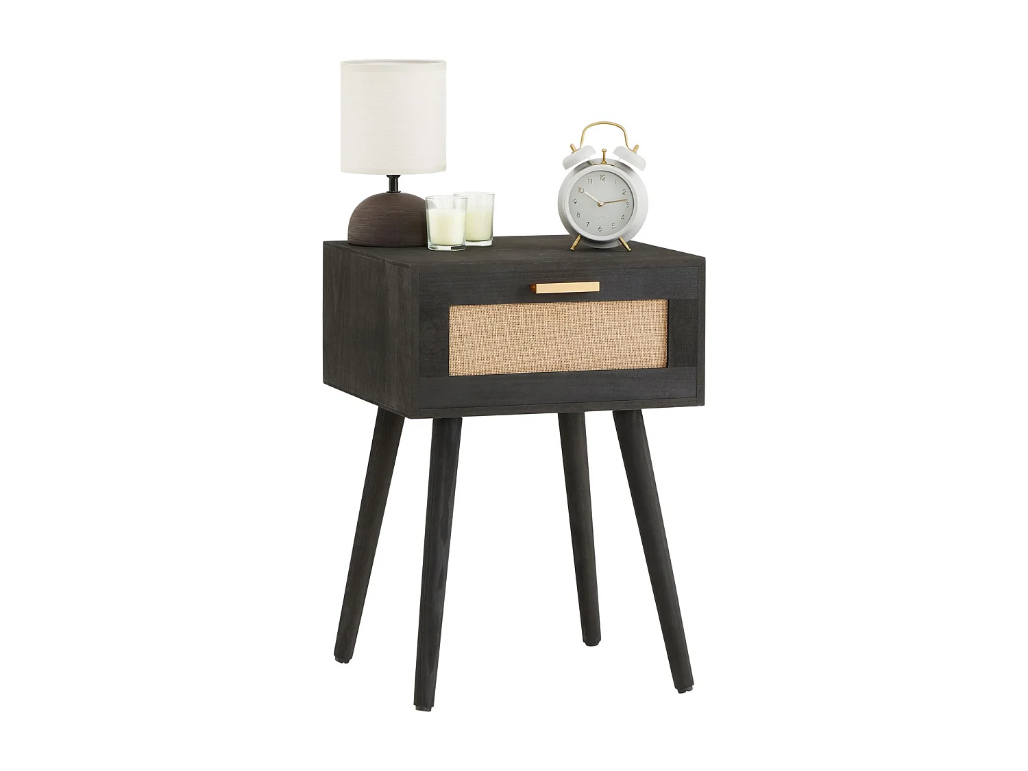 Table de chevet KIRAN 1 tiroir, table de nuit design vintage en bois lasuré noir et lin