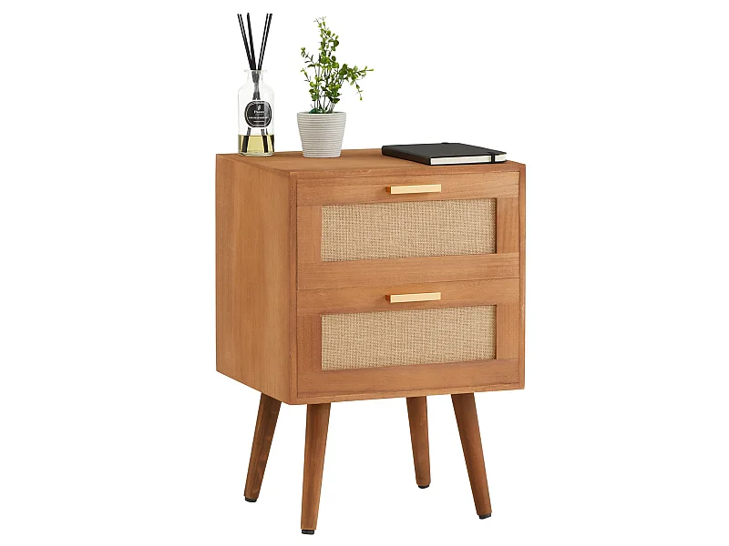 Table de chevet WAMAN petite commode de nuit avec 2 tiroirs, en bois de paulownia lasuré brun et lin naturel, style vintage