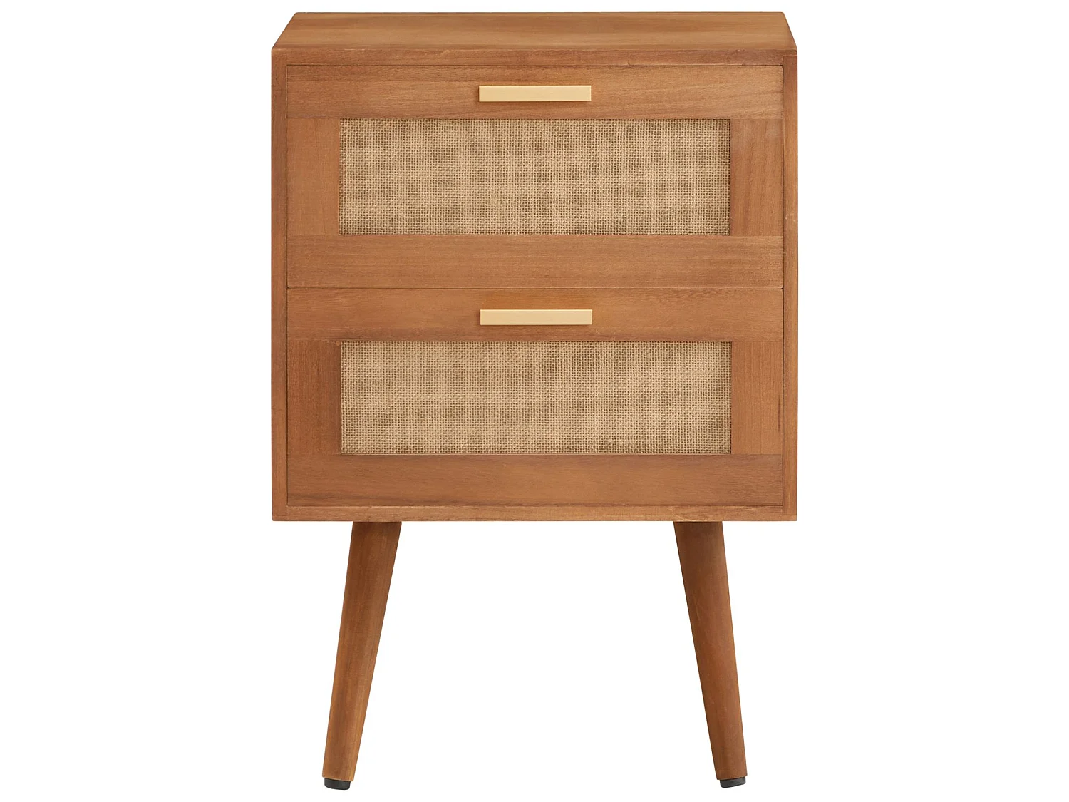 Table de chevet WAMAN petite commode de nuit avec 2 tiroirs, en bois de paulownia lasuré brun et lin naturel, style vintage