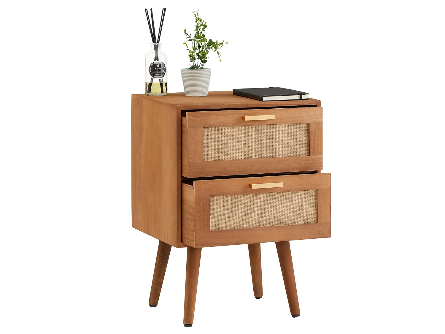 Table de chevet WAMAN petite commode de nuit avec 2 tiroirs, en bois de paulownia lasuré brun et lin naturel, style vintage