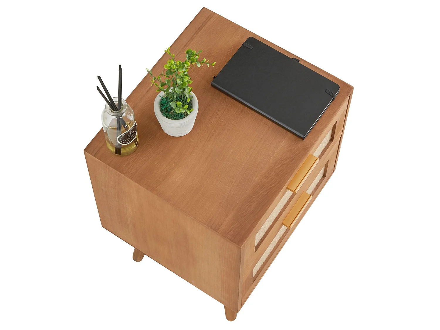 Table de chevet WAMAN petite commode de nuit avec 2 tiroirs, en bois de paulownia lasuré brun et lin naturel, style vintage