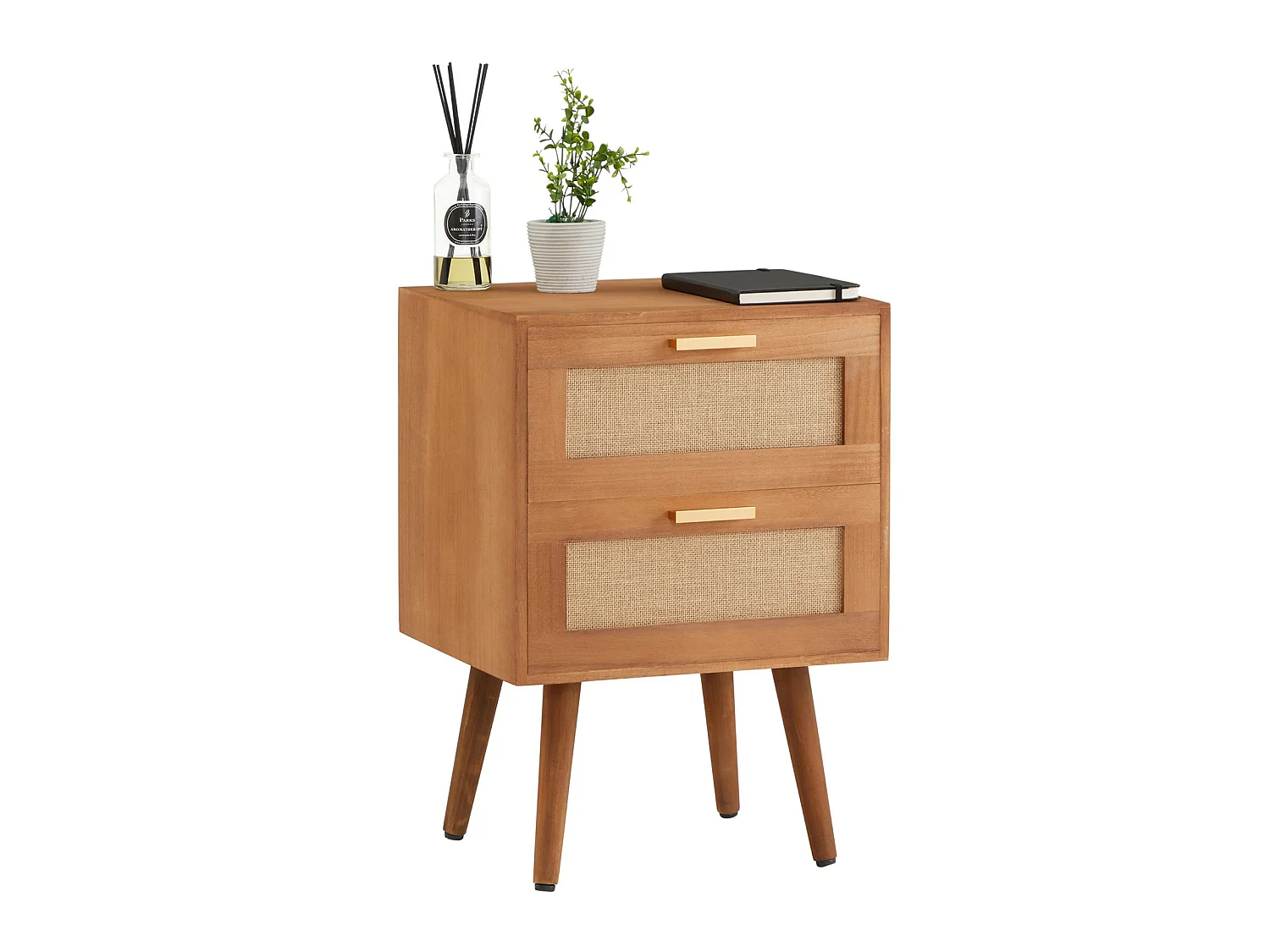 Table de chevet WAMAN petite commode de nuit avec 2 tiroirs, en bois de paulownia lasuré brun et lin naturel, style vintage