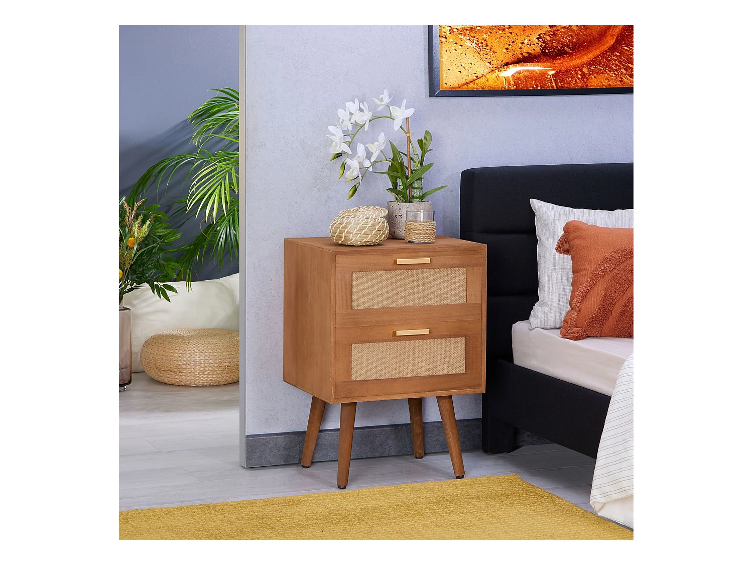 Table de chevet WAMAN petite commode de nuit avec 2 tiroirs, en bois de paulownia lasuré brun et lin naturel, style vintage