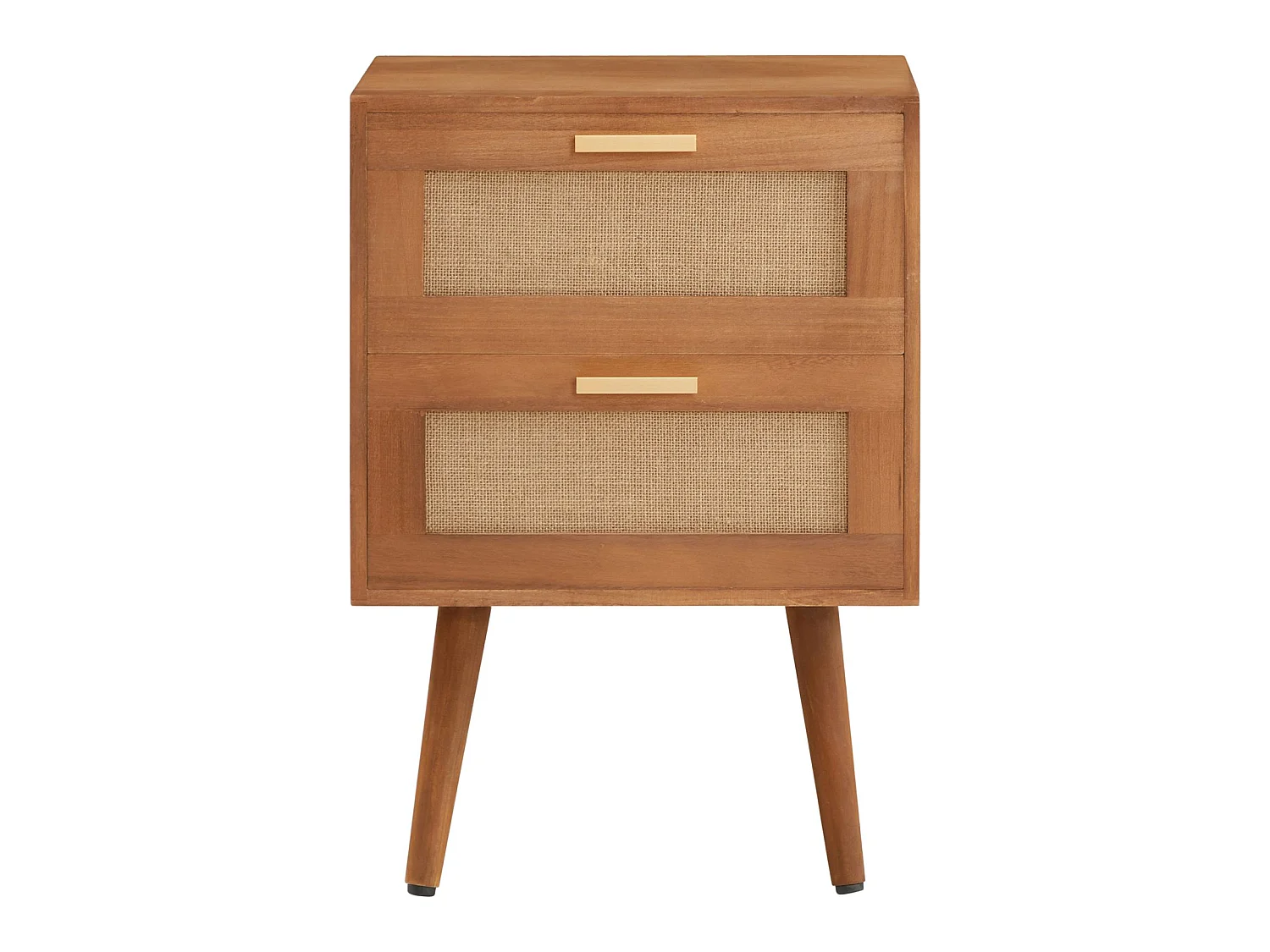 Table de chevet WAMAN petite commode de nuit avec 2 tiroirs, en bois de paulownia lasuré brun et lin naturel, style vintage