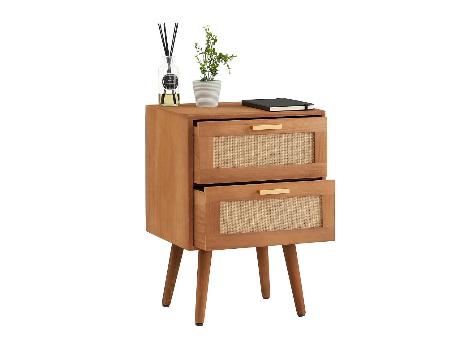 Table de chevet WAMAN petite commode de nuit avec 2 tiroirs, en bois de paulownia lasuré brun et lin naturel, style vintage