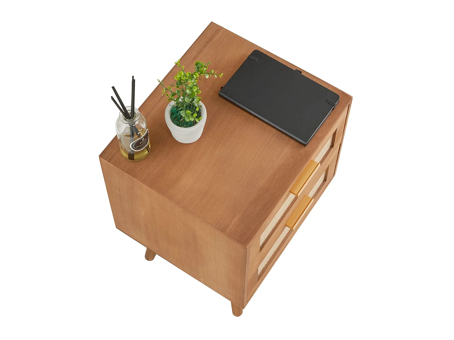 Table de chevet WAMAN petite commode de nuit avec 2 tiroirs, en bois de paulownia lasuré brun et lin naturel, style vintage