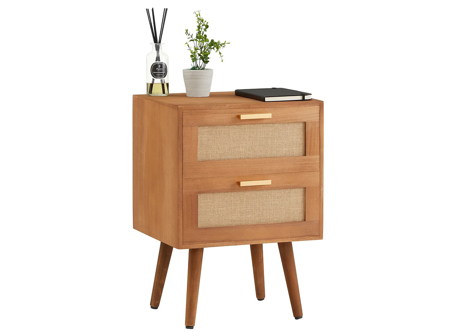 Table de chevet WAMAN petite commode de nuit avec 2 tiroirs, en bois de paulownia lasuré brun et lin naturel, style vintage