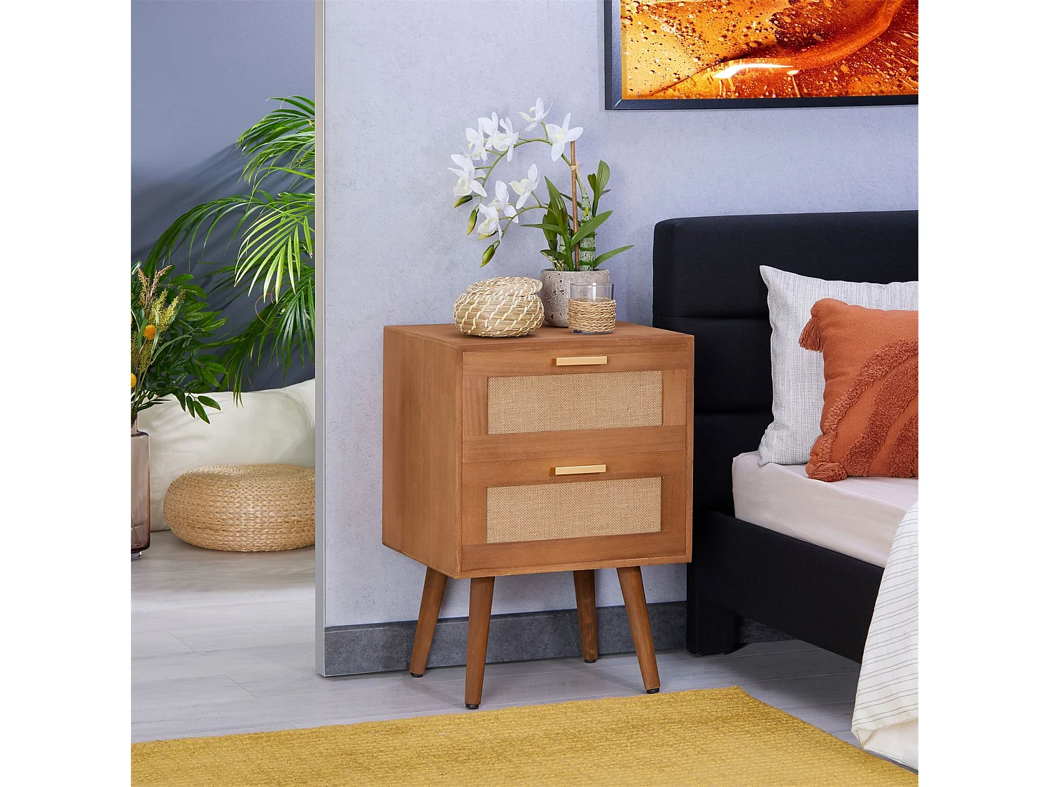 Table de chevet WAMAN petite commode de nuit avec 2 tiroirs, en bois de paulownia lasuré brun et lin naturel, style vintage