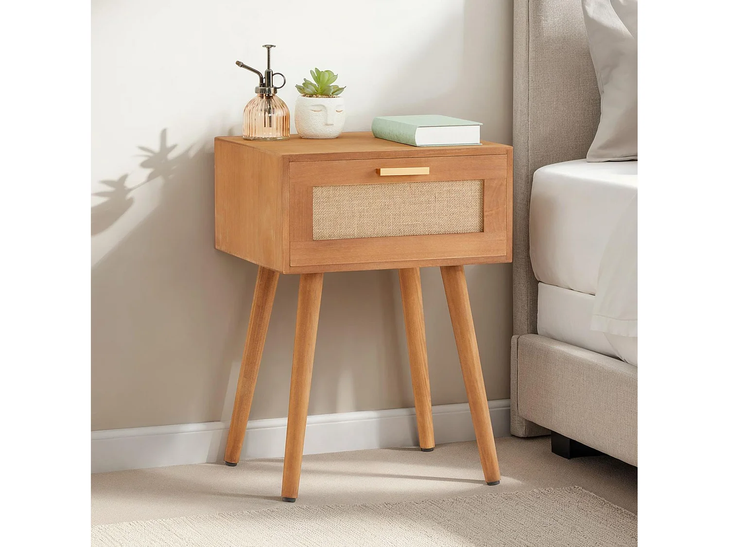 Table de chevet KIRAN 1 tiroir, table de nuit design vintage en bois brun et lin