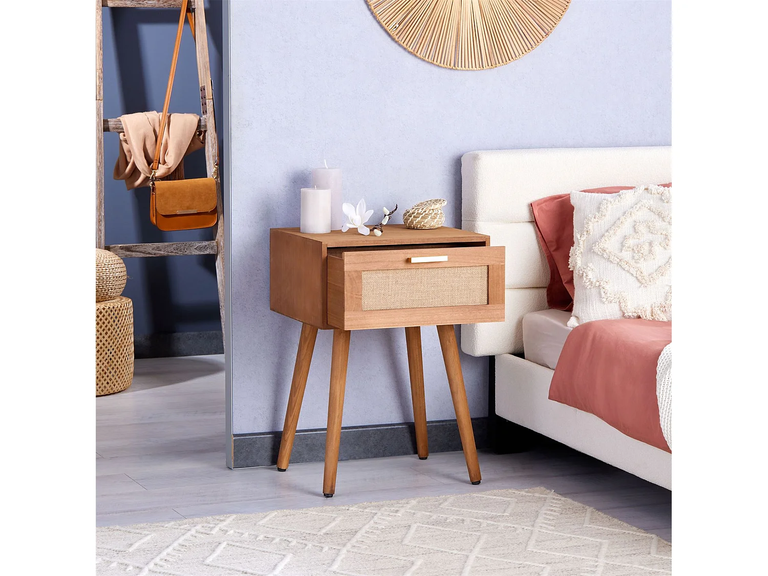 Table de chevet KIRAN 1 tiroir, table de nuit design vintage en bois brun et lin