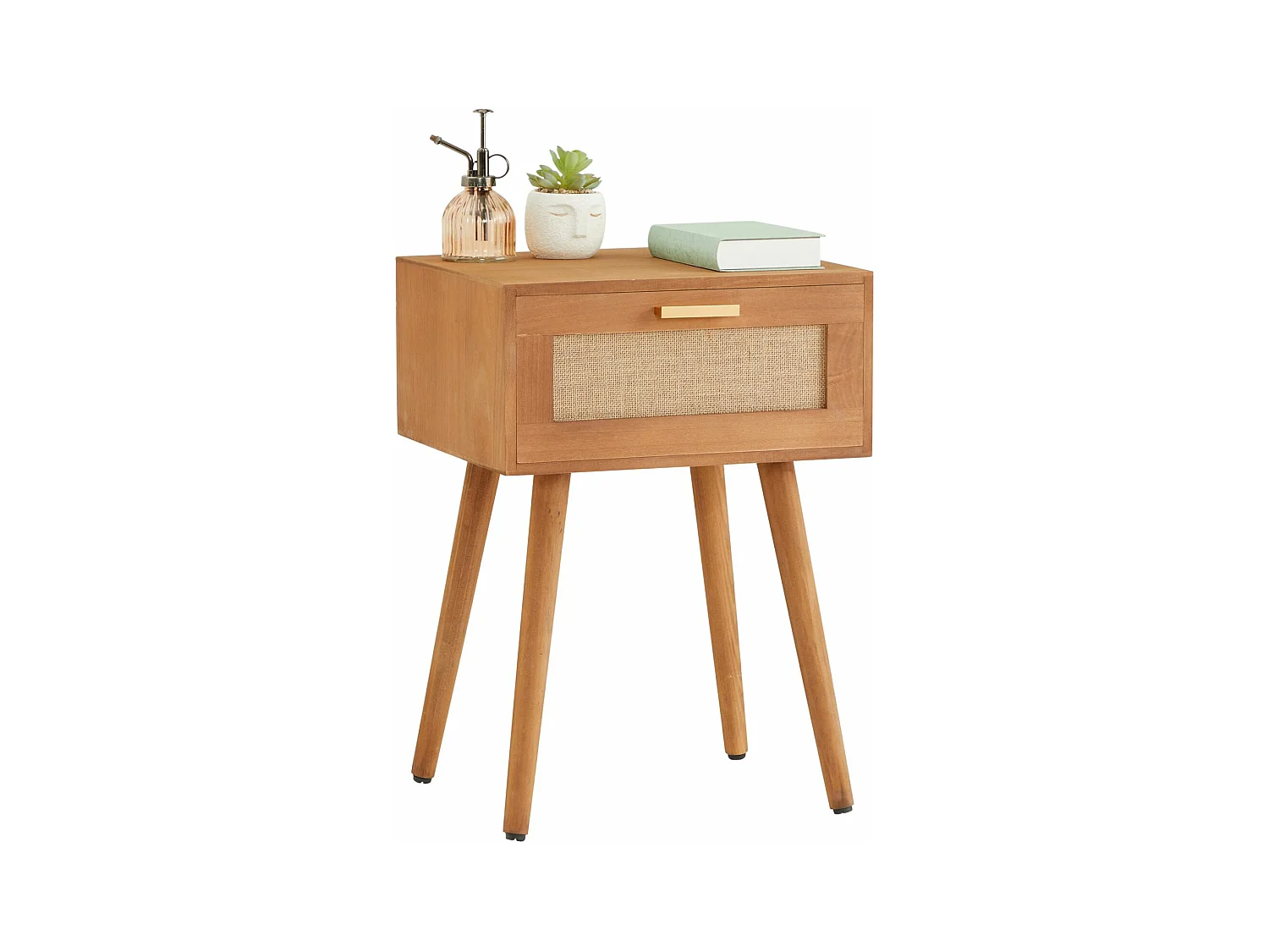 Table de chevet KIRAN 1 tiroir, table de nuit design vintage en bois brun et lin