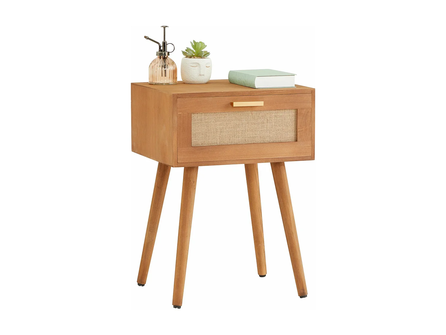 Table de chevet KIRAN 1 tiroir, table de nuit design vintage en bois brun et lin