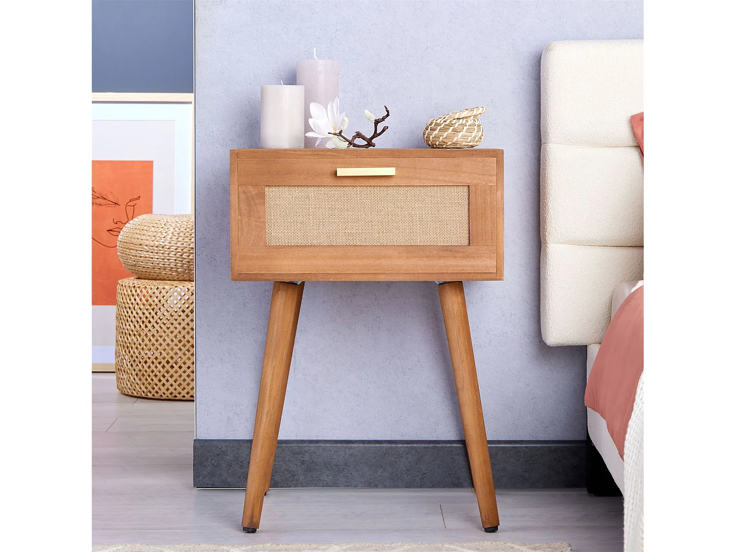 Table de chevet KIRAN 1 tiroir, table de nuit design vintage en bois brun et lin