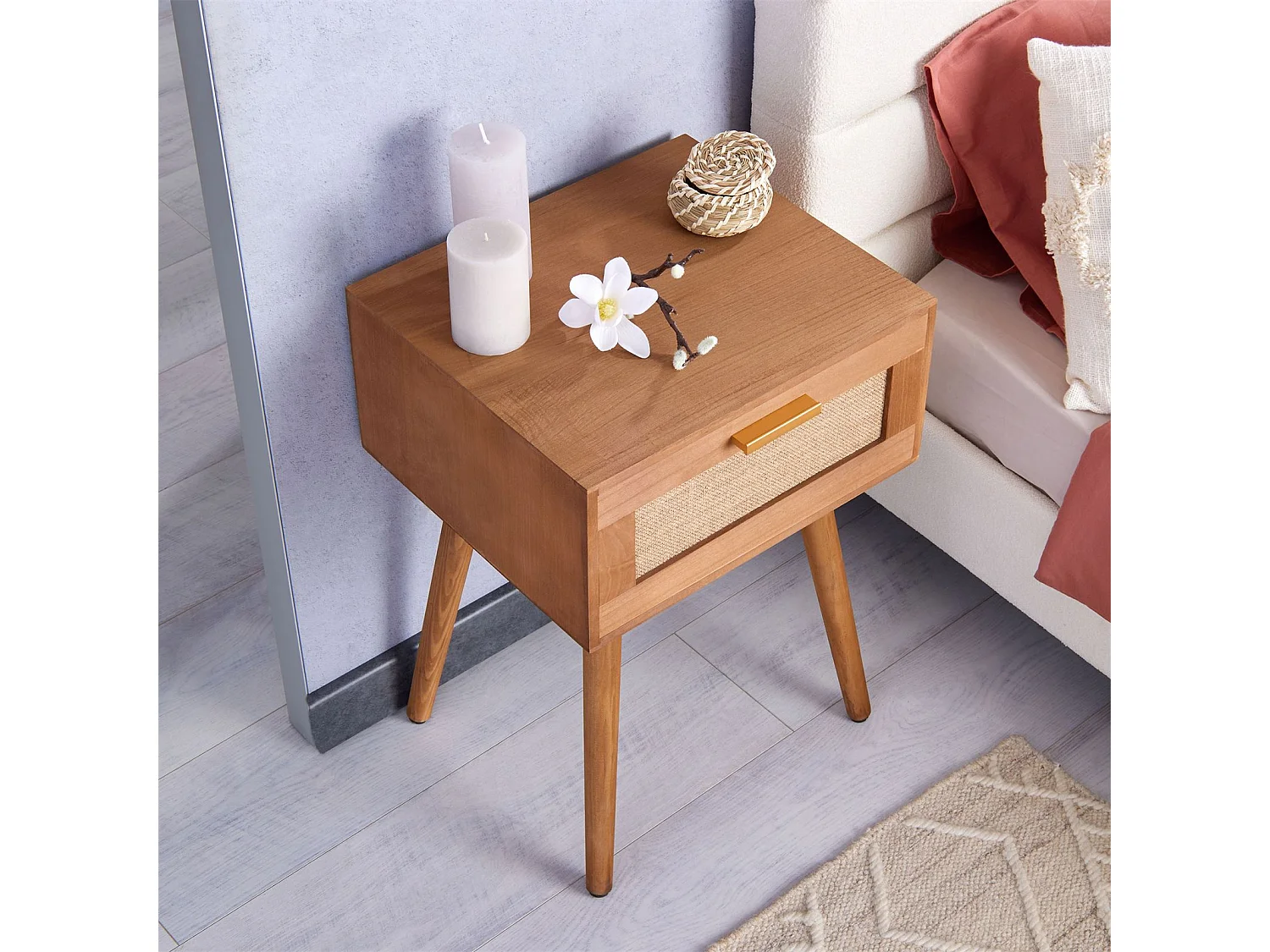 Table de chevet KIRAN 1 tiroir, table de nuit design vintage en bois brun et lin
