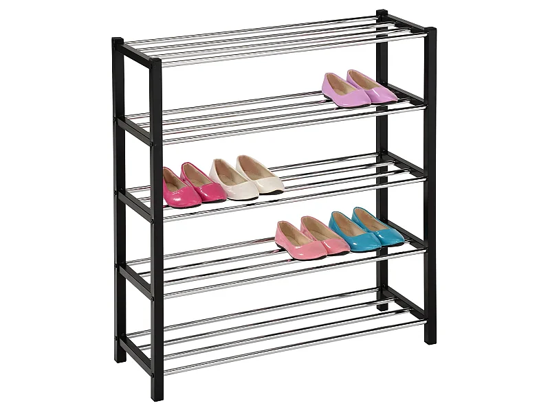 Etagère à chaussures DUBLIN rangement porte-chaussures avec 5 niveaux pour 20 paires en métal chromé et laqué noir