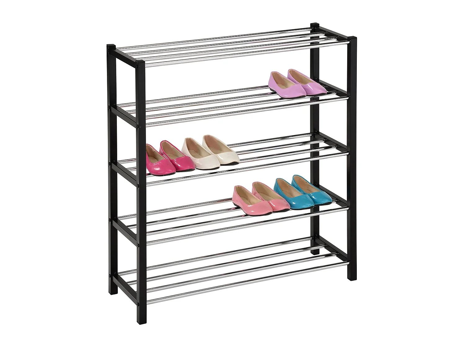 Etagère à chaussures DUBLIN rangement porte-chaussures avec 5 niveaux pour 20 paires en métal chromé et laqué noir
