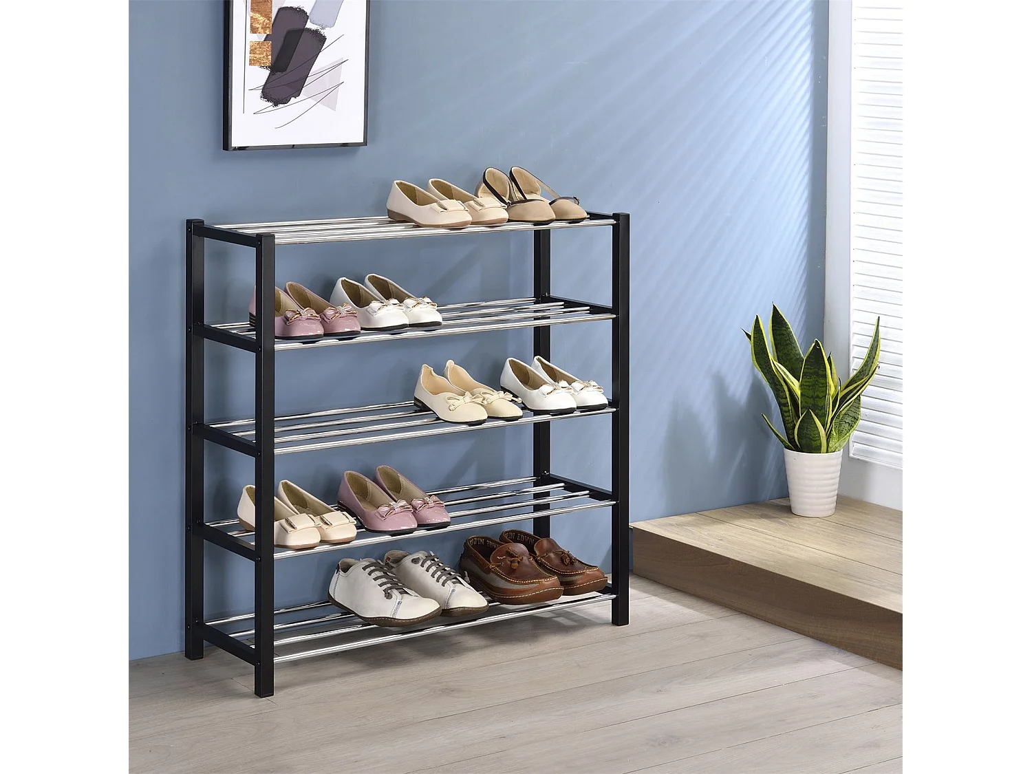 Etagère à chaussures DUBLIN rangement porte-chaussures avec 5 niveaux pour 20 paires en métal chromé et laqué noir