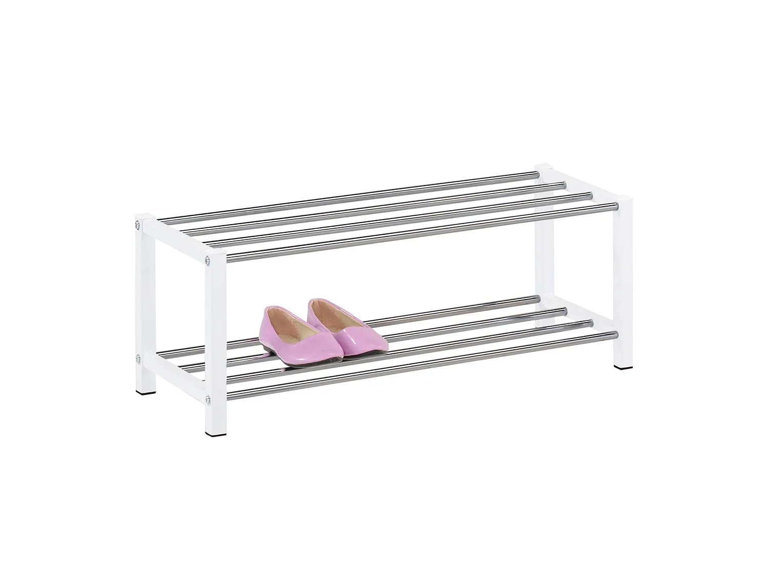 Étagère à chaussures DUBLIN rangement porte-chaussures avec 2 niveaux pour 8 paires en métal chromé et laqué blanc