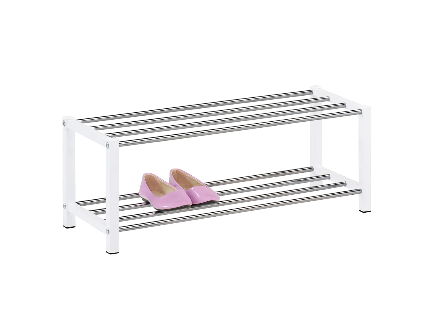 Étagère à chaussures DUBLIN rangement porte-chaussures avec 2 niveaux pour 8 paires en métal chromé et laqué blanc