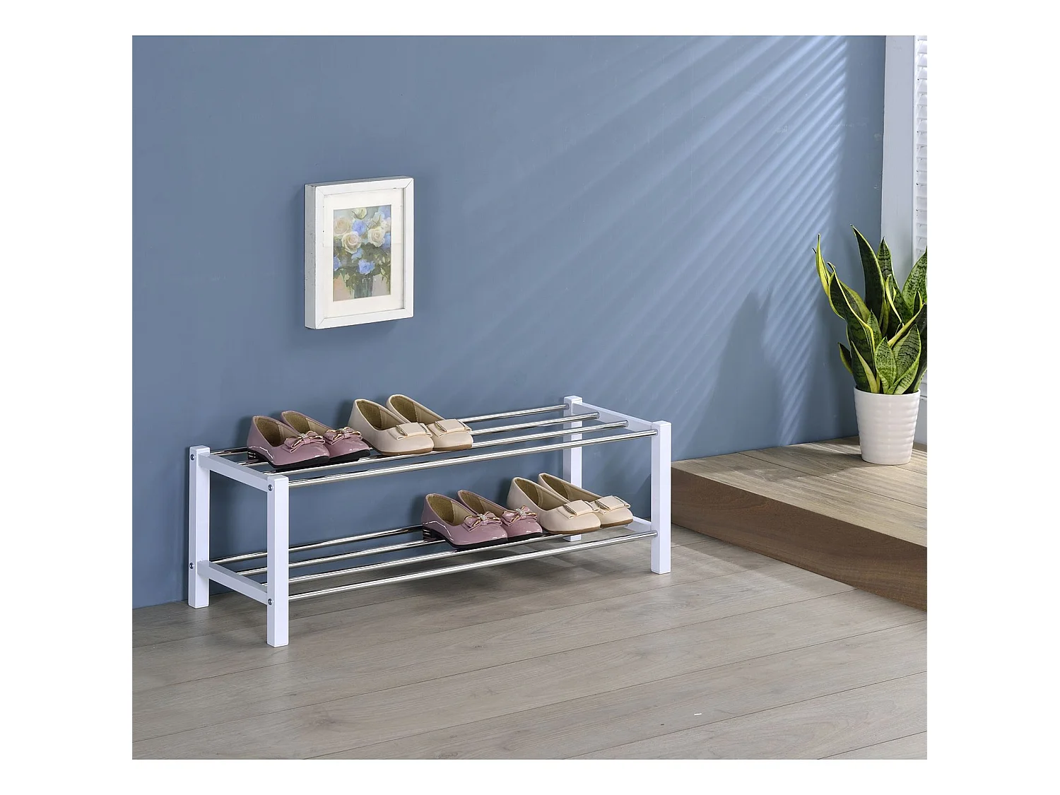 Étagère à chaussures DUBLIN rangement porte-chaussures avec 2 niveaux pour 8 paires en métal chromé et laqué blanc