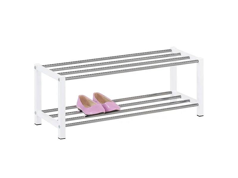 Étagère à chaussures DUBLIN rangement porte-chaussures avec 2 niveaux pour 8 paires en métal chromé et laqué blanc
