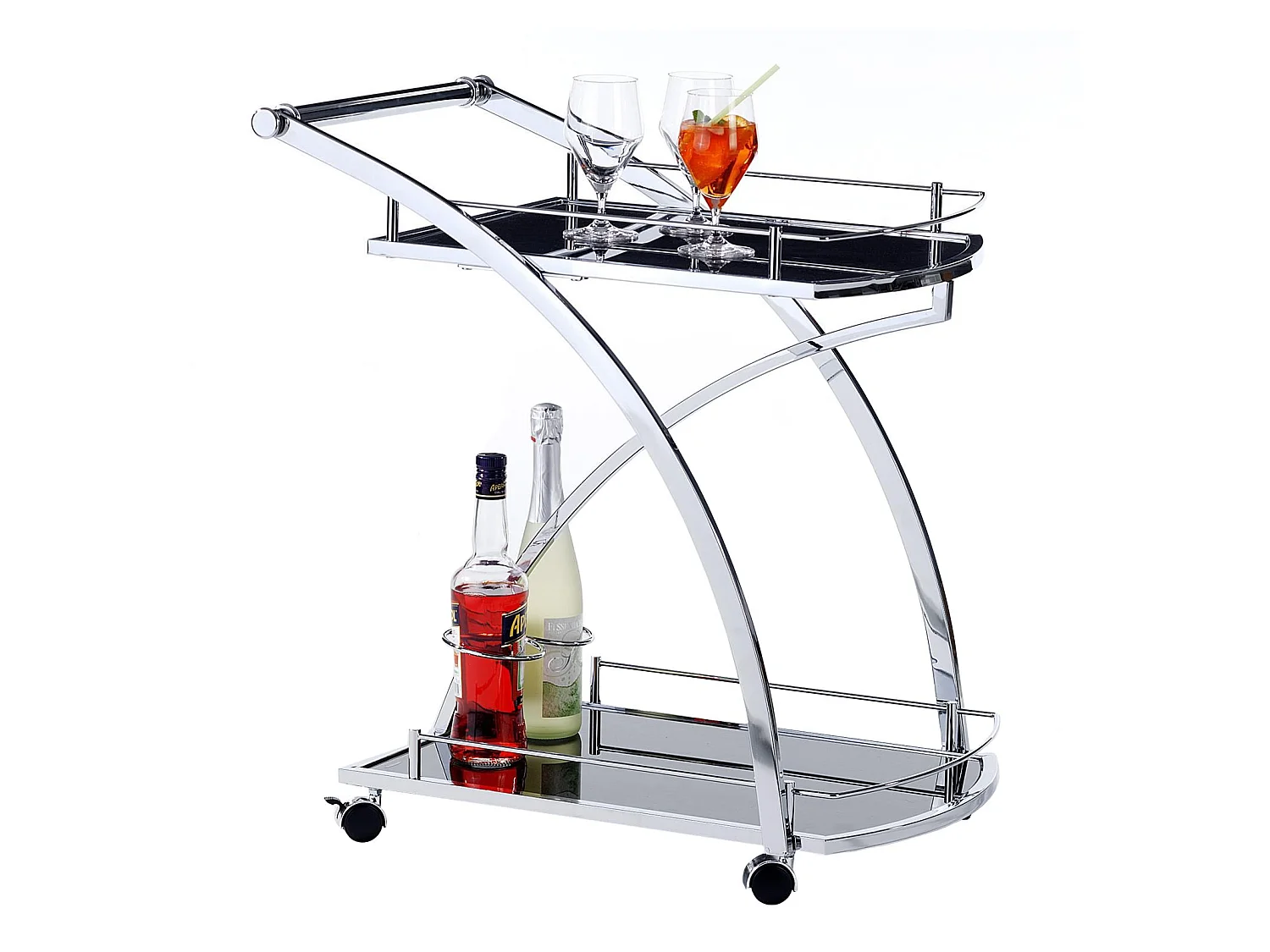 Chariot de service EVO chariot à thé et boisson desserte de cuisine à roulettes en métal chromé, 2 plateaux en verre trempé noir